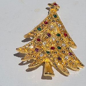 Vintage Gold Tone Multicolor Rhinestones Christmas Tree Brooch Holiday 2" ESTATE